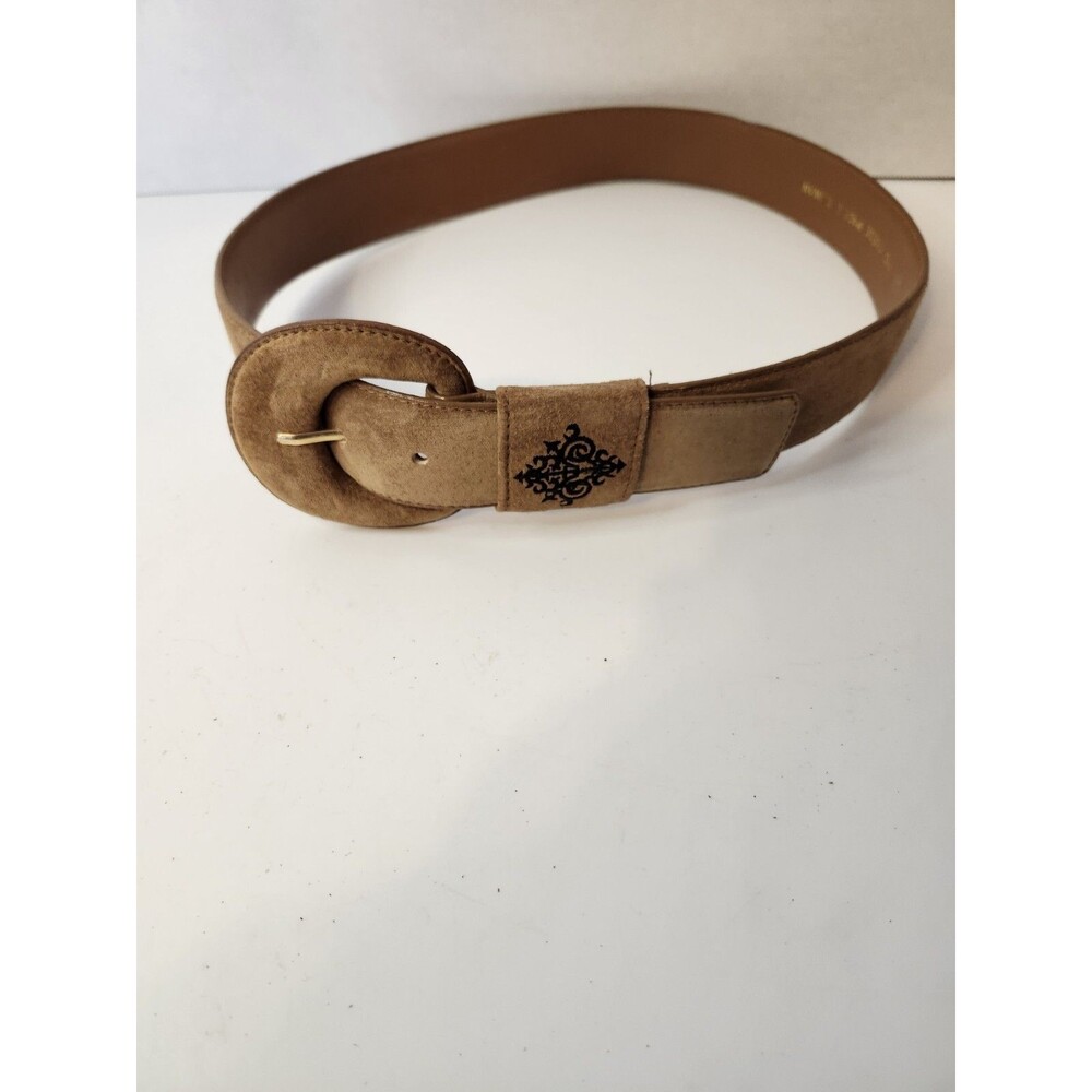 Sostanza Tan Brown Pig Suede Leather Belt Embroidered Buckle Size M Vintage